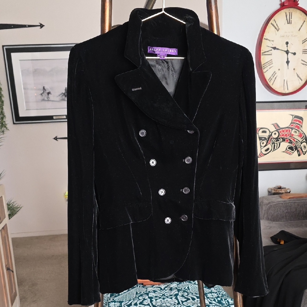 Vintage Ralph Lauren Purple Black Velvet Double Breasted Fitted Blazer Small 10